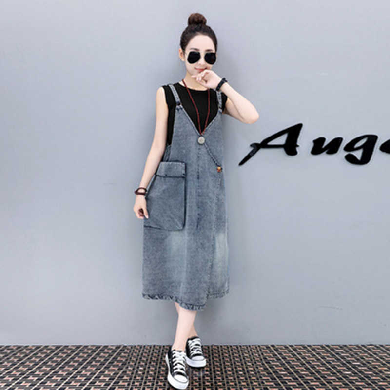 Metal Ring Adjustable Strap Big Pockets Jeans Dress Summer Sexy V-neck Korean Casual Loose Mid-length Black Denin Overalls 210604