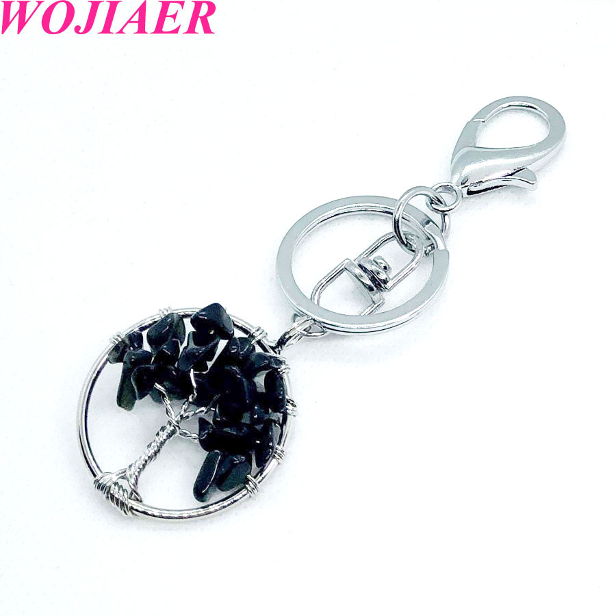 WOJIAER Natural Stone Key Chains Tiger s Eye Obsidian Tree of Life Reiki Pendant Crystal for Bag Car Ladies Jewelry DBW911