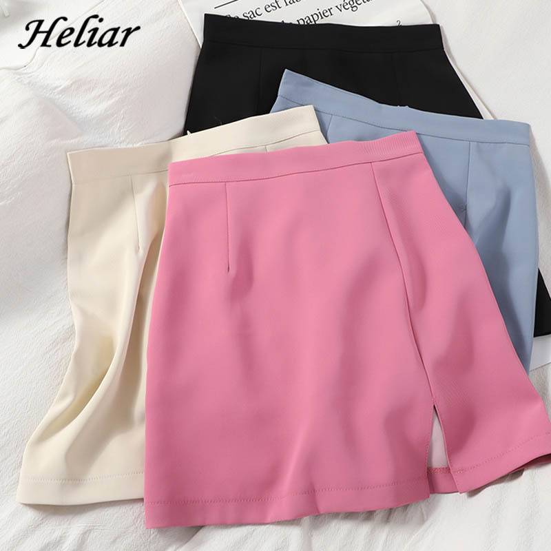 HELIAR Women Skirts Preppy Style A-line High-waist Split Mini Skirts Women Solid Elegant Casual OL Skirts For Women 2021 Spring 210309