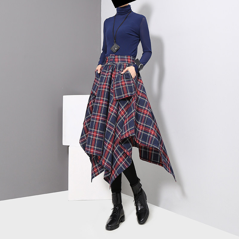 Korean Style Woman Red Plaid Asymmetrical Skirt Sashes High Waist Midi Belted Ladies Casual Unique Irregular Checker Skirt 3027 210306
