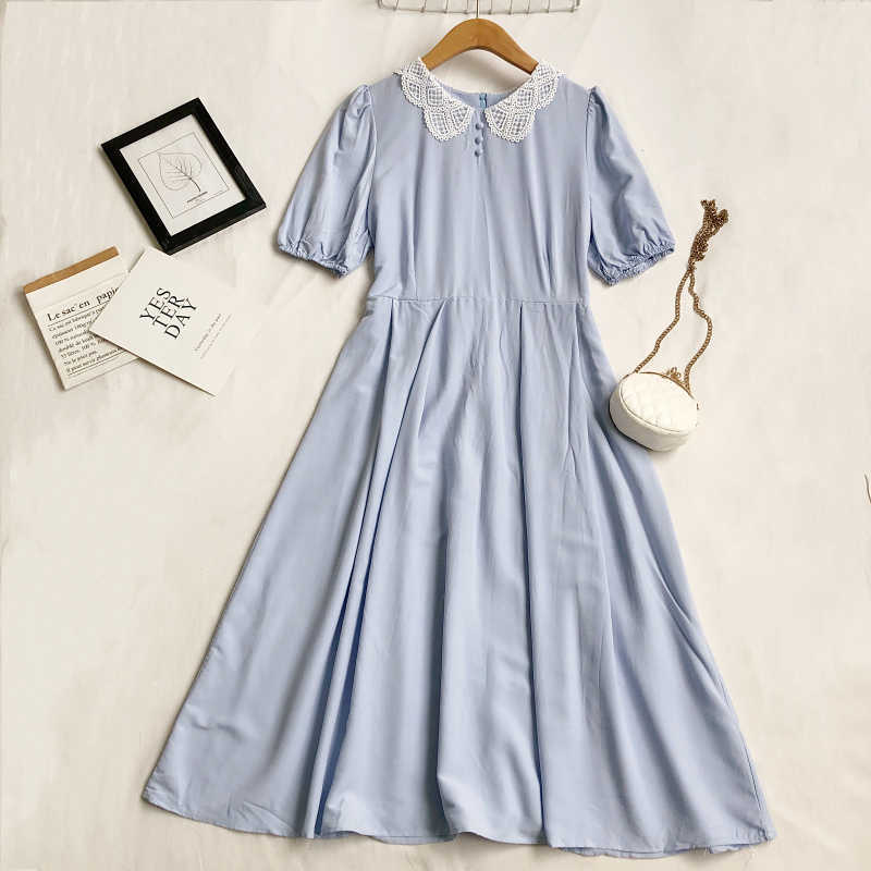LY VAREY LIN Summer Women Sweet Peter Pan Collar High Waist Midi Dresses Casual Lace Short Sleeve A-line Female 210526