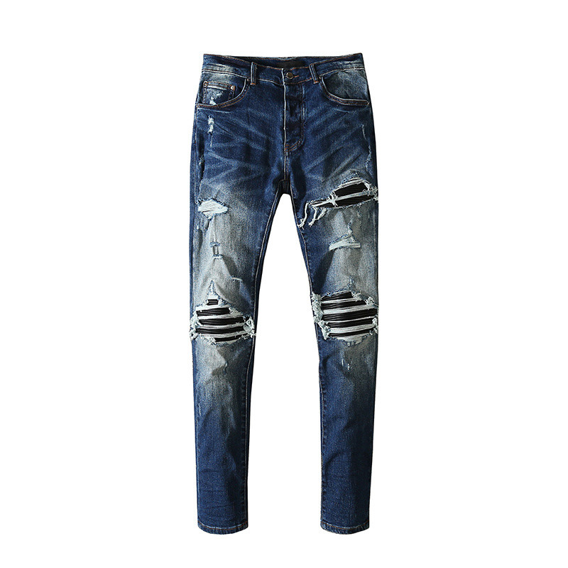 Mens jeans are washed with holes skins to make old leisure slim. European and American tides, Blue
Mens jeans are washed with holes skins to make old leisure slim. European and American tides, Blue