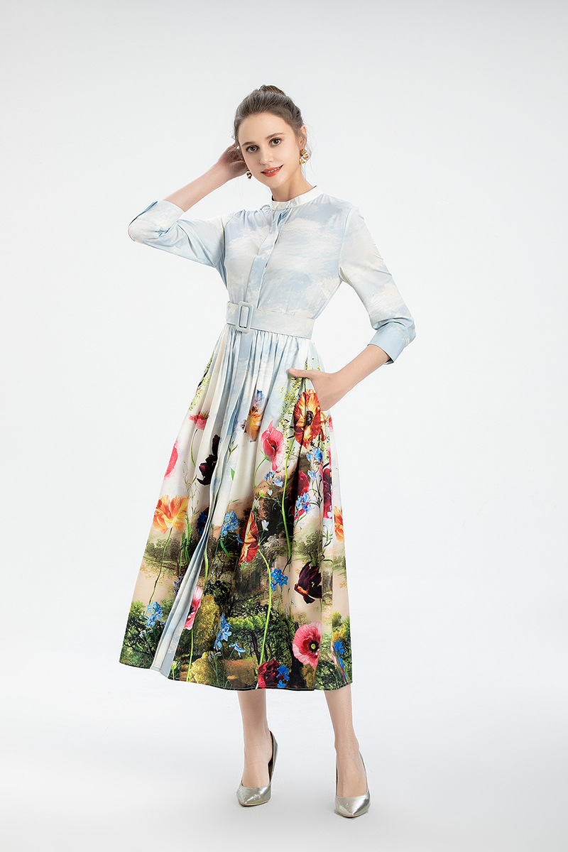 Women's Runway Dresses O Neck 3/4 Sleeves Printed Fashion Autumn Mid Calf Dress Vestidos