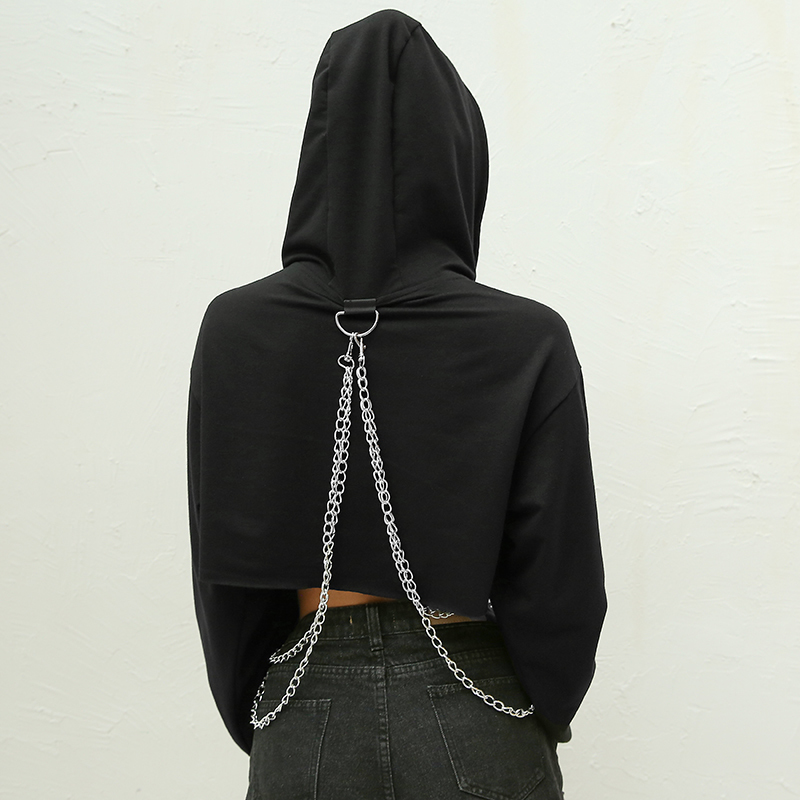 Rapwriter Punk Metal Chain Patchwork Solid Long Sleeve Hoodies Sweatshirts Women Autumn Black Hip Hop Harajuku Crop Top 201126