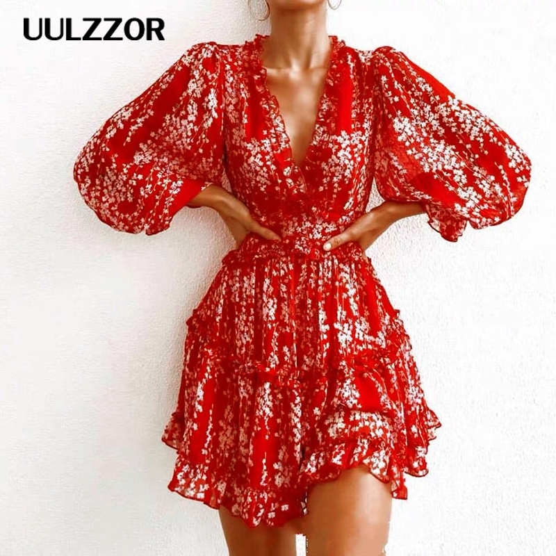 Floral Printed Mini Dress Women Sexy Backless Elegant Ladies Long Sleeve Ruffle Prom Party Summer Beach Short Dress Vestido 210309