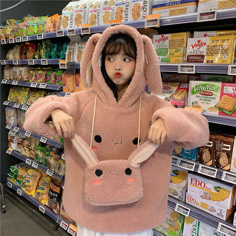 Bunny Hoody Women Cute Rabbit Ear Student Hoodie Long Sleeve Big Size Sweet warm coat Winter/Spring Fashion Streetwear Clothes 201102