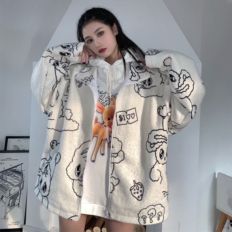HOUZHOU Autumn Winter Zip Up Hoodie Plus Size Kawaii Loose Fashion Sweatshirt Women Long Sleeve Cute Print Women Hoodies 201028