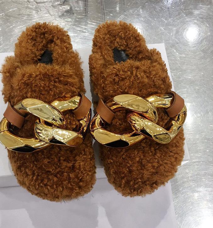 2021 New Fashion Women Casual Booties Fur Warm Flat Heel Slides Big Chain Slippers Luxurys Designers Shoes, Black
