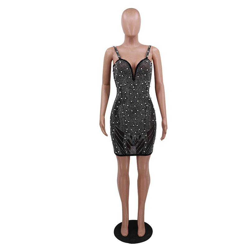 Sexy Beyprern Sparkle Sleeveless Sequins Pearl Crystal Party Dress Glitter Spagetti Straps Bodycon Celebrities Outfits Female Robes