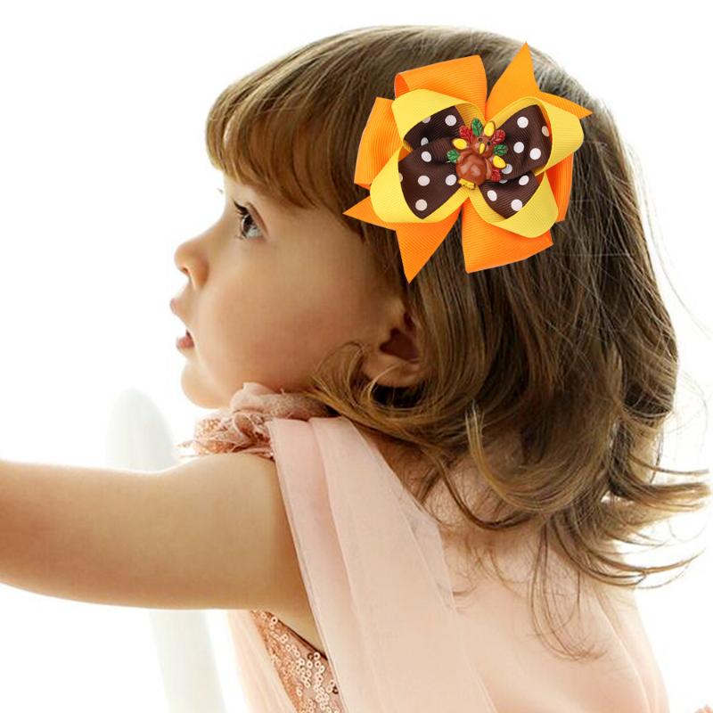 CN 6 Pcs/lots 3.5 " Thanksgiving Hair Bows For Girls Kids Stack Dot Turkey Hair Clips Hairpins Festival Accessoriess
