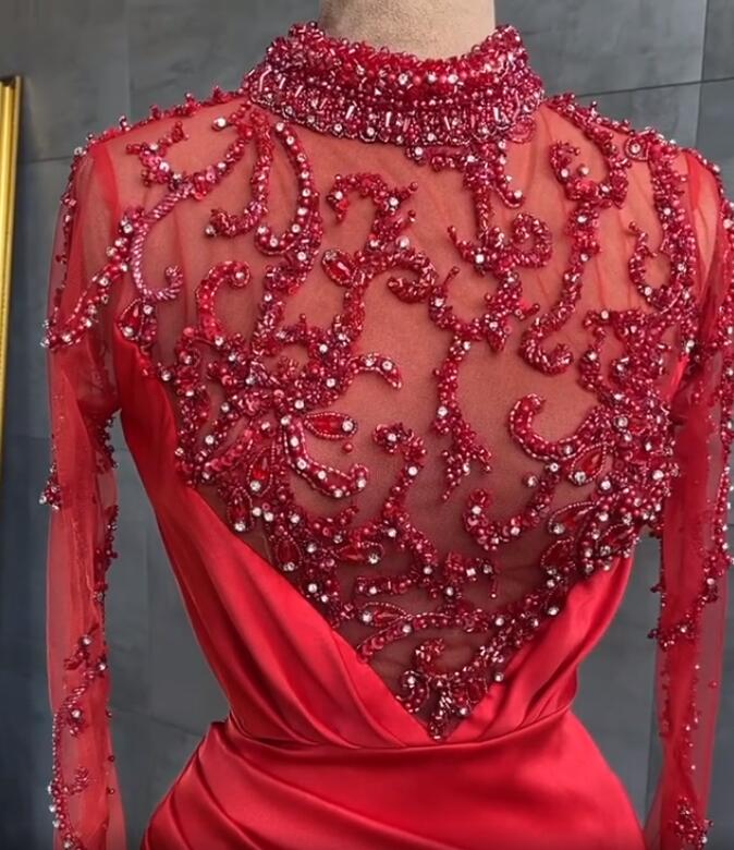 Aso Ebi 2021 Arabic Red Luxurious Mermaid Evening Dresses Crystals Beaded Prom Dresses High Neck Formal Party Second Reception Gowns ZJ688