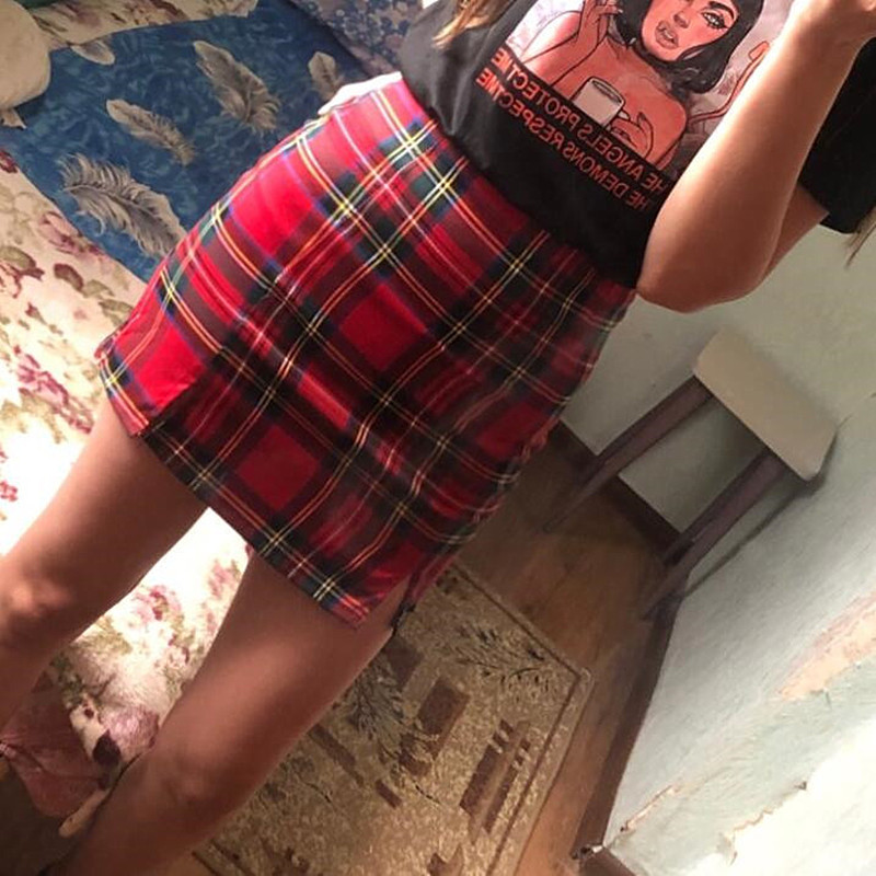 Korean Women Plaid Skirts Harajuku Womens Back Zipper Opening With Two Small Front Slits Mini Skirts Purple 210306