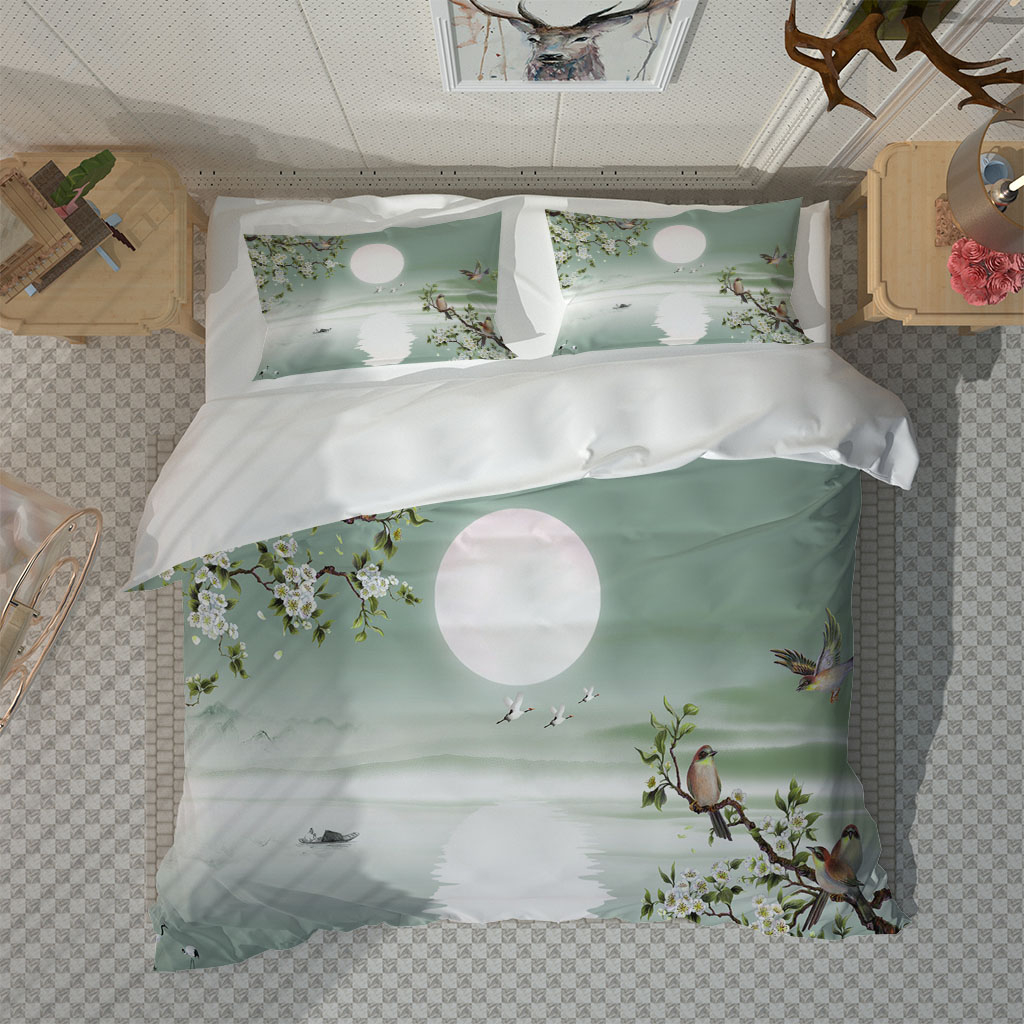 Single Full Double Bed Linen Flat Sheet fresh green moon bedding set 3D Bedding Sets
