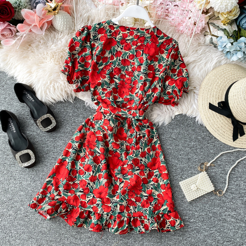 Women Lace Up Floral Polka Dot Summer Dress Sexy V Neck Wrap Dress Slim Waist Elegant Boho Ruffles Beach Short Dress Vestido 210303