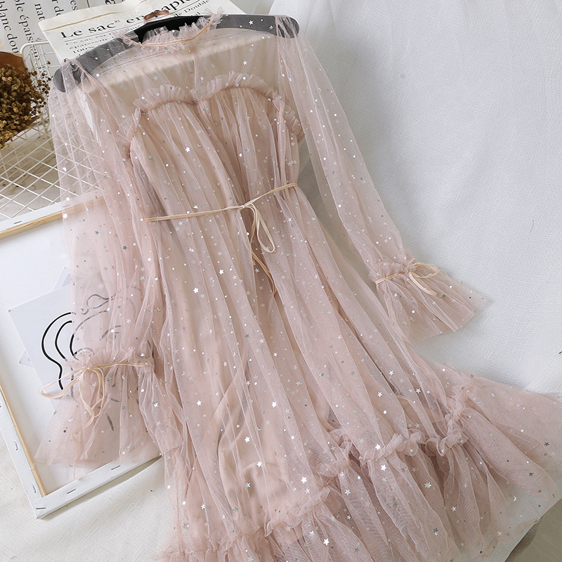 New Women Summer Clothing Bling Sequined Long Sleeve Dress Elastic Slim Mesh Gauze Tulle Dress 210309