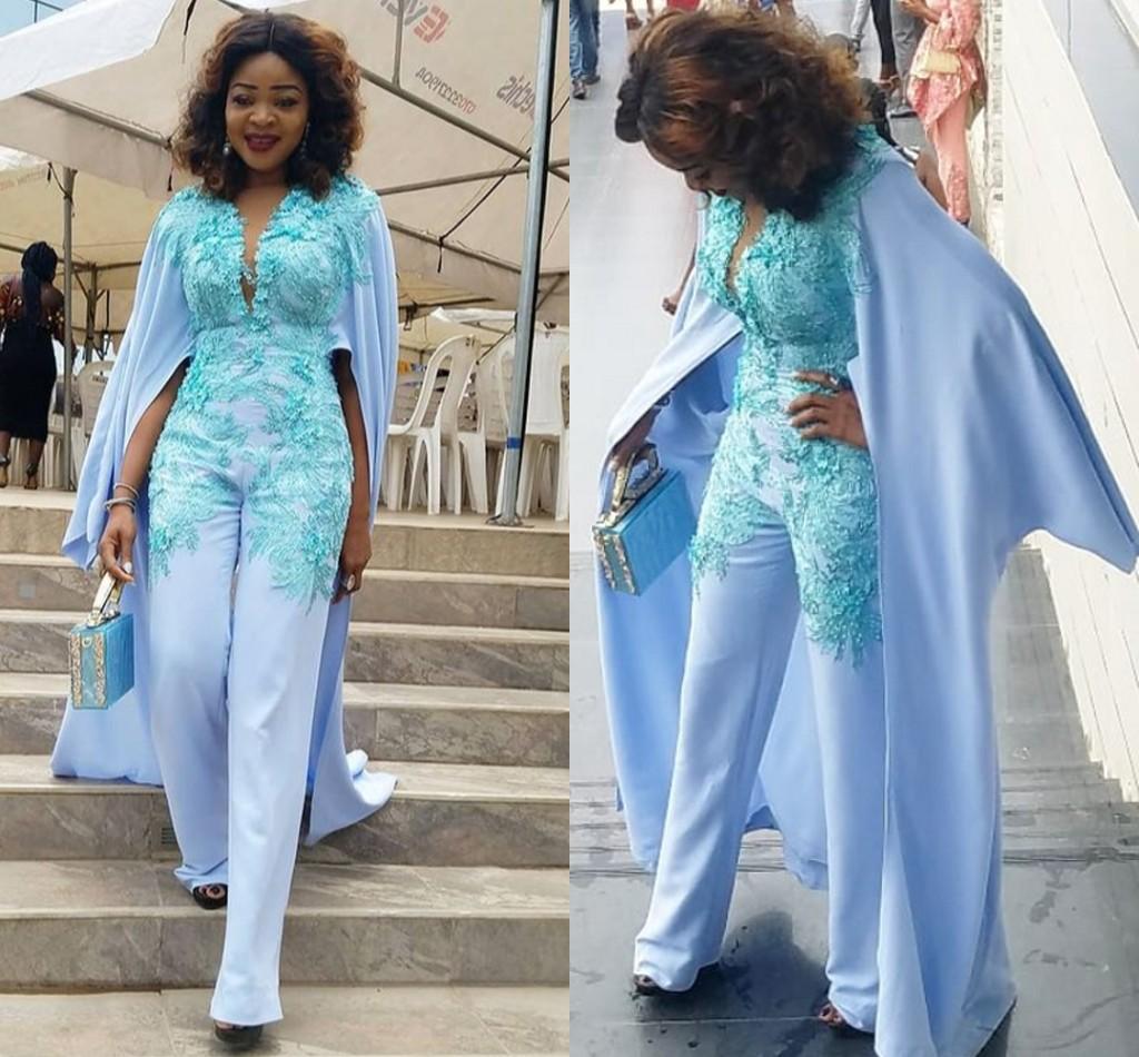 Sky Blue Evening Dress Jumpsuit with Wrap Cape Lace Appliqued Plus Size Women Outfit Prom Dresses Pant Suit Robe de mariée