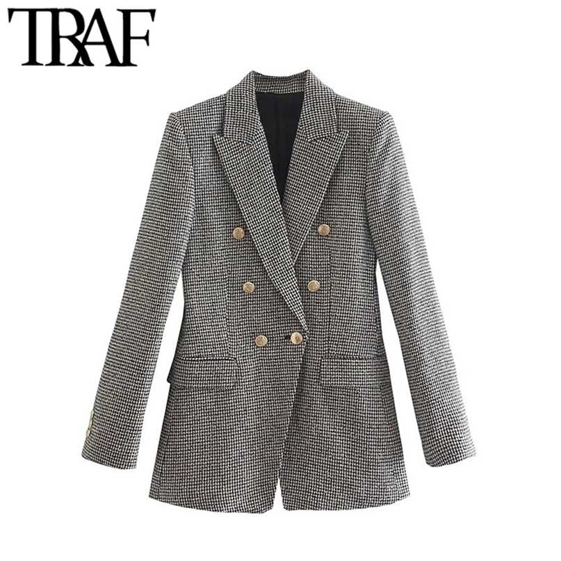 TRAF Women Fashion Houndstooth Fitted Blazer Coat Vintage Long Sleeve Flap Pockets Female Outerwear Chic Veste Femme 211122