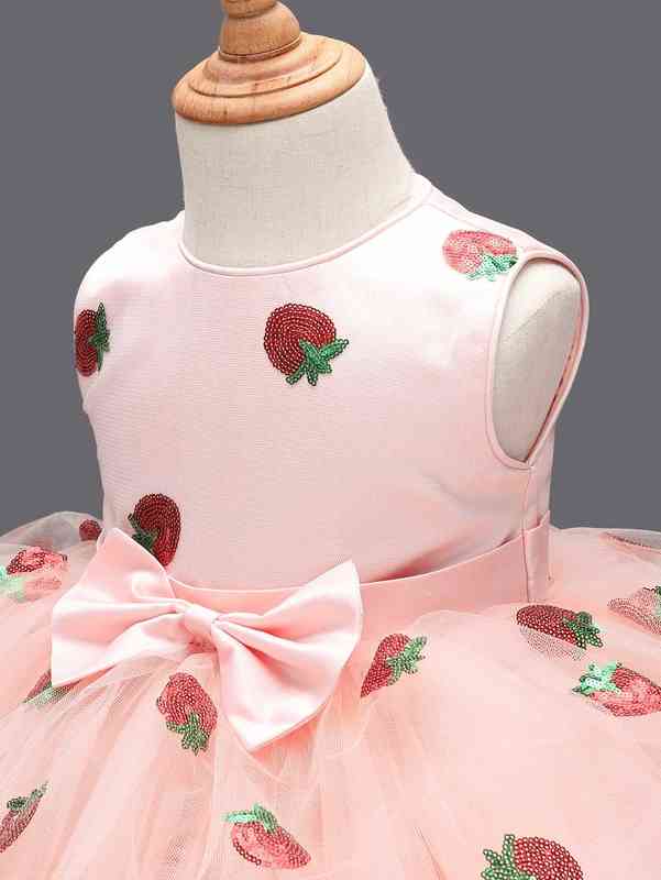 Baby Sequin Insert Strawberry Pattern Bow Front Mesh Gown Dress SHE