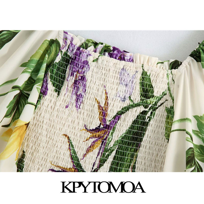 KPYTOMOA Women Fashion Floral Print Ruffled Cropped Blouses Vintage Lantern Sleeve Elastic Smocked Female Shirts Chic Tops 210225