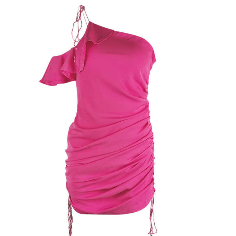 DEAT Women Drawstring Ruffles Dress Diagonal Collar Sleeveless Arrivals Lady Sexy Temperament Fashion Spring Summer 210709