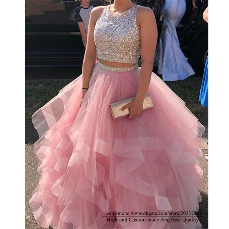 Quinceanera Dresses 2021 Two Pieces Sexy Backless Crystal Sequins Party Prom Formal Tulle Ball Gown Vestidos De 15 Anos Q12