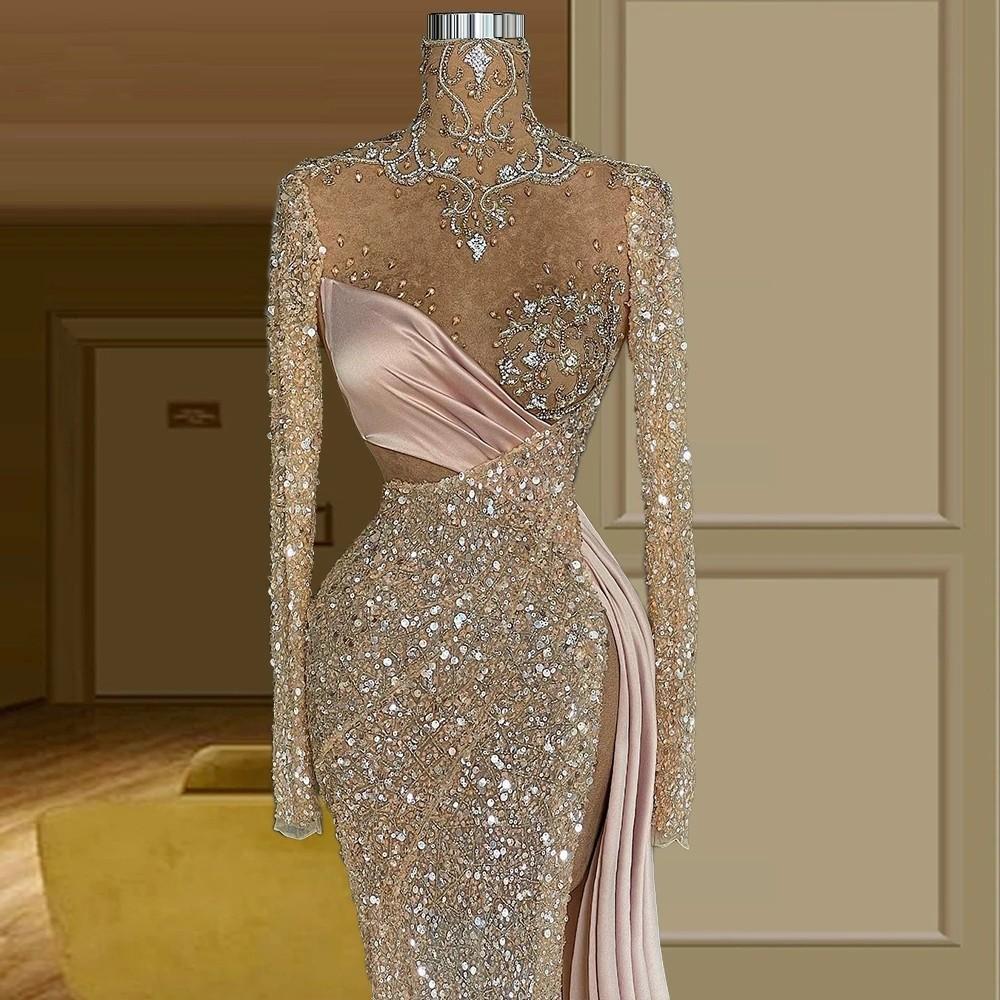 Side Split Sexy Mermaid Prom Dresses Sparkly Crystal Beaded High Neck Long Sleeve Evening Gowns Women Arabic Special Occasion Dress Formal Wear