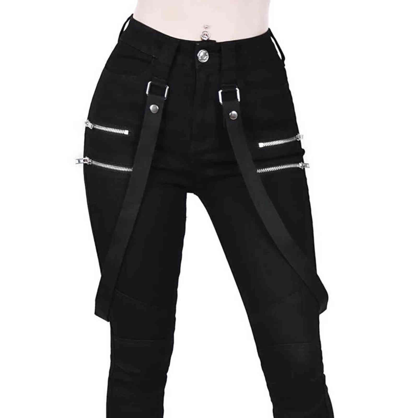 Women Gothic Pencil Pants Trousers Belt Zipper Ladies Streetwear Long Solid Black Hip Hop D30 211115
