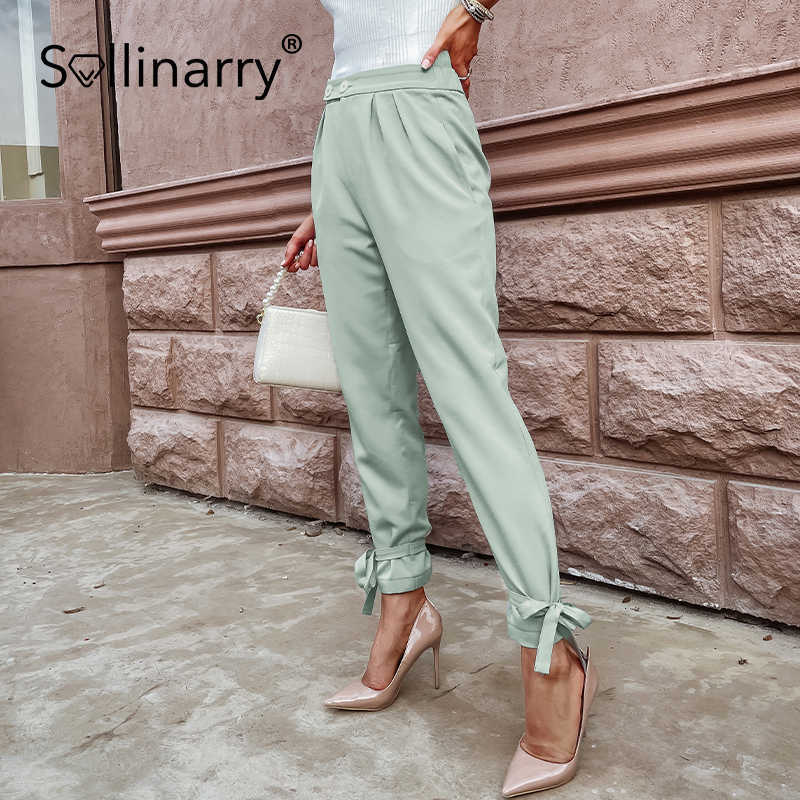 Sollinarry Autumn Casual Long Skinny Women Pants Bow Mid Waist Pocket Female Pants Straight Solid Green Pleated Ladies Bottoms 210709
