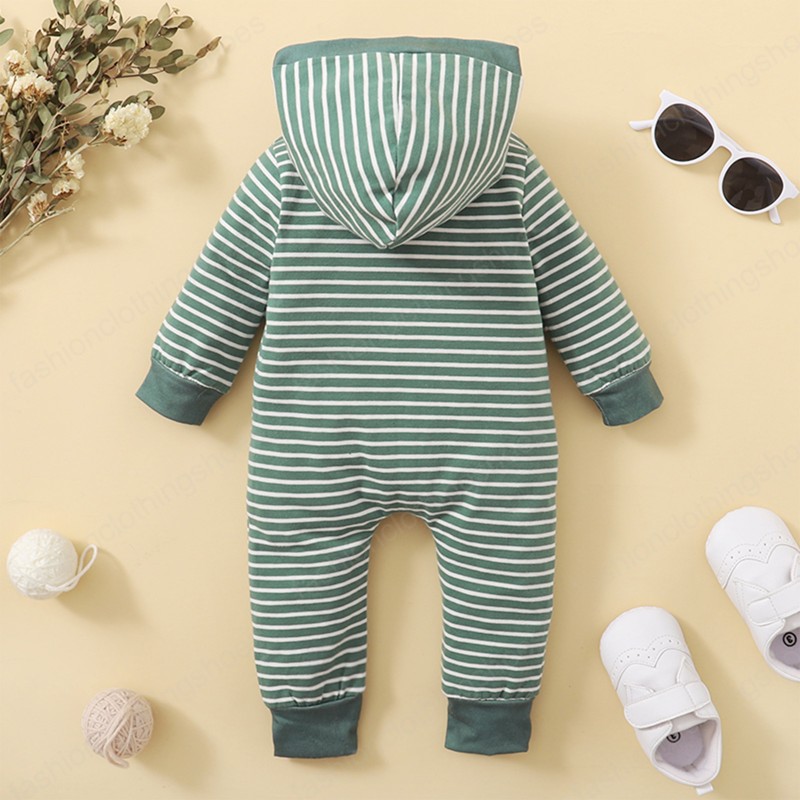 Baby Strip Hooded Bodysuit Stripe Long Sleeve Rompers Buttoned Collar Jumpsuit without Pocket Kids Clothing