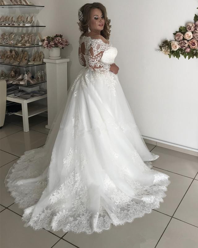 ful Long Sleeve Lace Wedding Dresses A-e Appliques Sexy Keyhole Back Bateau Neck Plus Size Ivory Tulle Bridal Gowns Court Train Country Beach