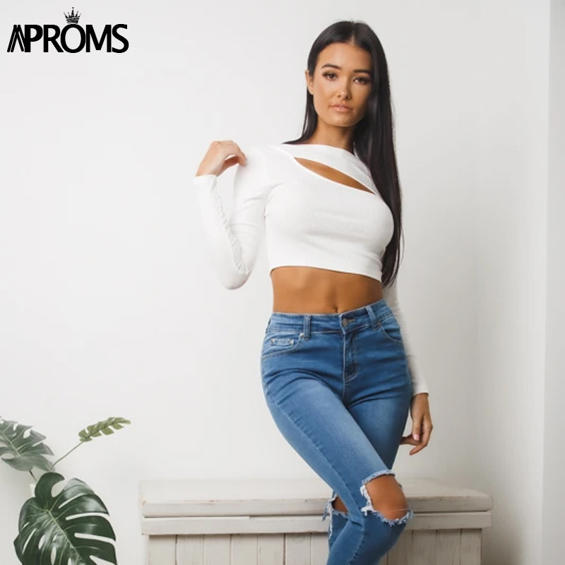 Aproms Elegant Autumn Ribbed Knitted Long Sleeve T-shirt Women Sexy Bodycon Crop Top Female Street Fashion Black Tshirt Tee 210310