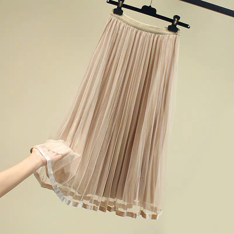 Zoki Women Tulle Skirt Fashion Velvet Mesh Spring Korean Elastic High Wasit Long Skirt Elegant Chic Ladies Party Faldas 210306