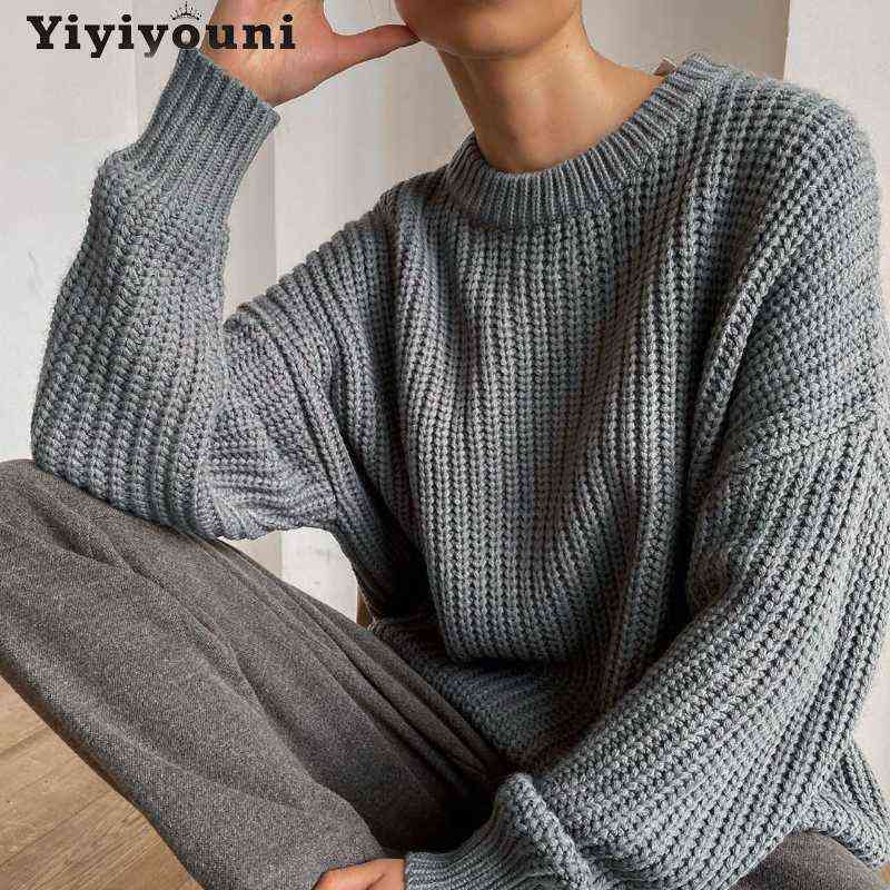 Yiyiyouni Vintage Oversized Knitted Sweater Women Elegant Thick Loose Sweater Pullovers Female Korean Fashion Solid Knitted Tops 211109