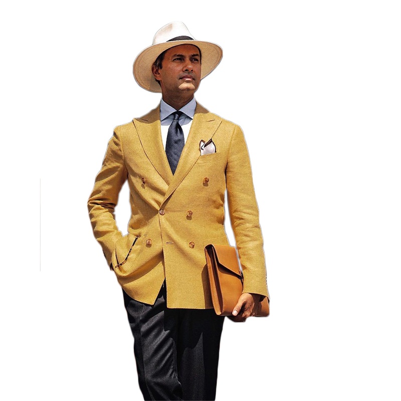 Bright Two Pieces Custom Made Formal Spring Suits Double Breasted Tuxedos Peaked Lapel Blazer Business Yellow Coat+Black Pant