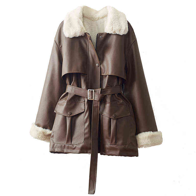 eather clothes winter Korean Pu fur fur collar lace up Plush jacket fashion motorcycle clothe's coat 211109