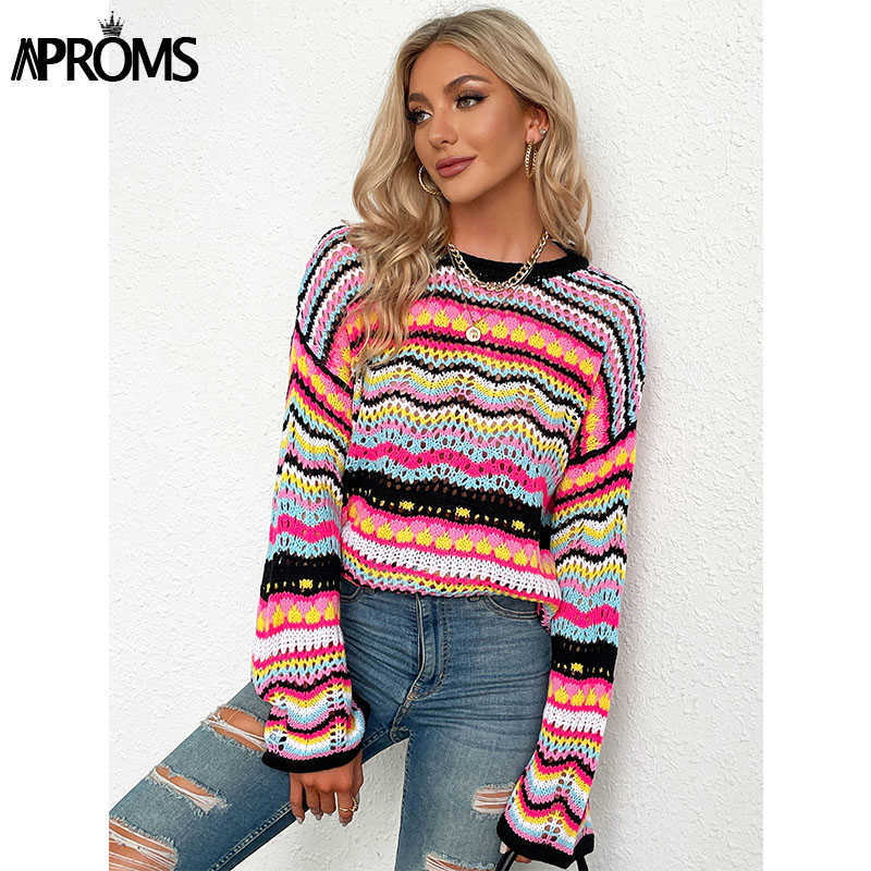 Aproms Multi Color Blocked Knitted Pullover Women Summer Casual Flare Sleeve Hollow Out Sweater Cool Girls Fashion Jumper 211007