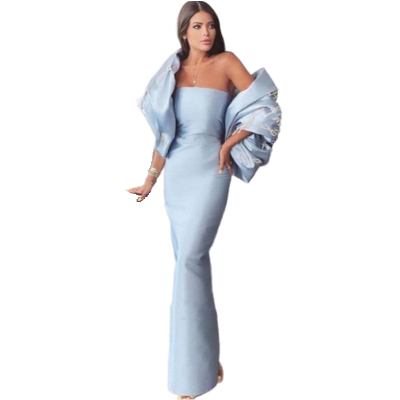 Elegant Rolay Sky Blue Bling Long Evening Dresses Strapless Sleeveless Off Shoulder Prom Dress Shawl Sequines Night Ankle Length Sheath Formal Party G