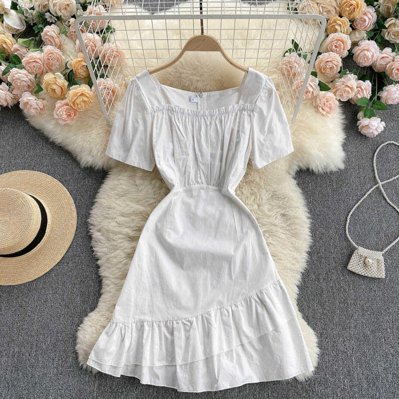 Blue Dress Elegant Short Sleeve Square Collar Ruched Slim Irregular Ruffles French Vintage Casual Women Summer 210603