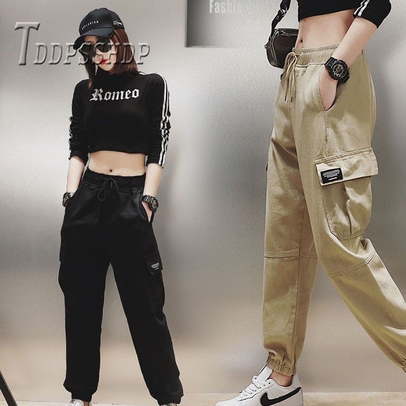 Pants Cotton Cargo High Waist Spring Pink Khaki Black Female Trousers T200324