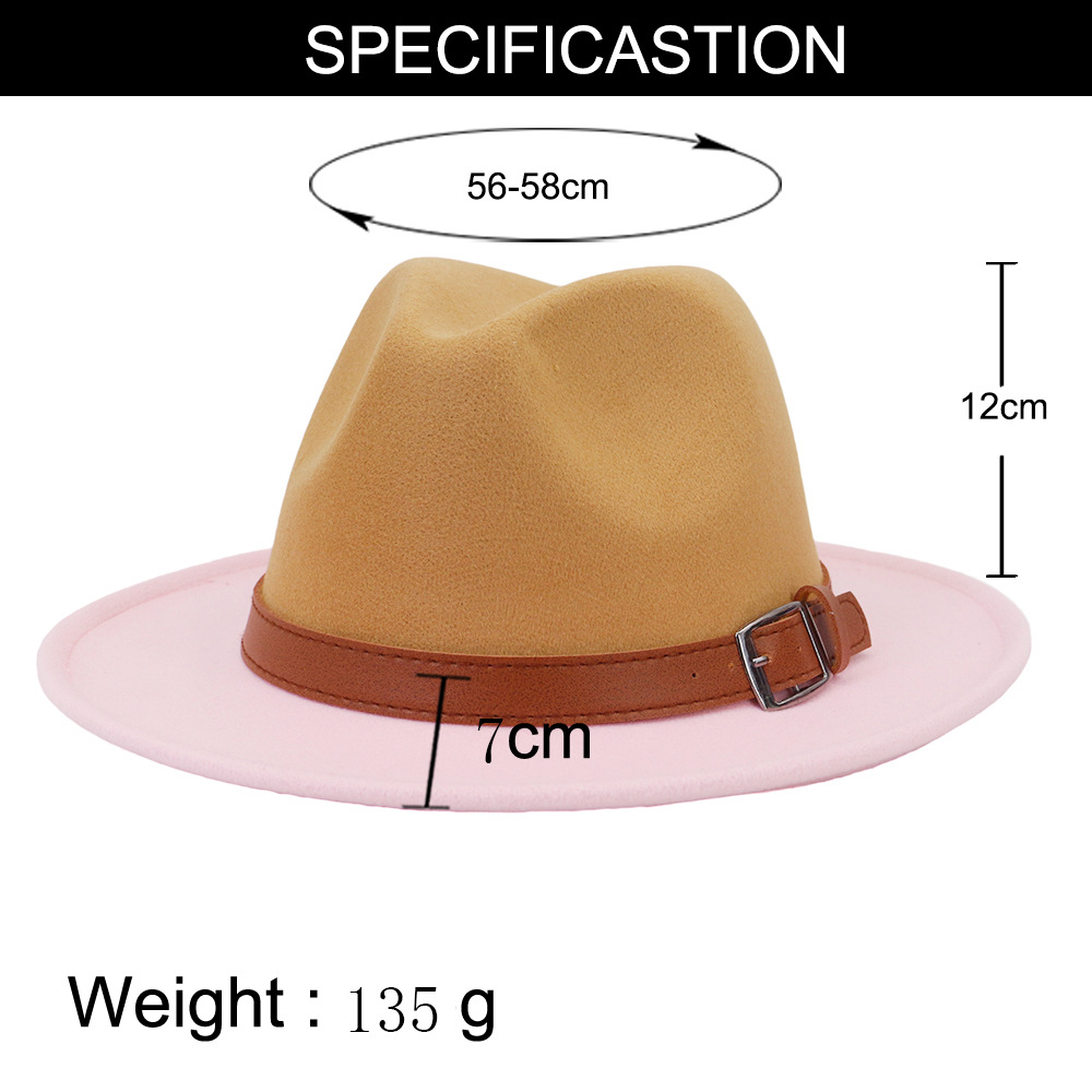Trendy Camel and Pink Color Matching Fedora Hat Sombrero Panama Felt Jazz Cap Women Patchwork Party Formal Hat with Brown Belt