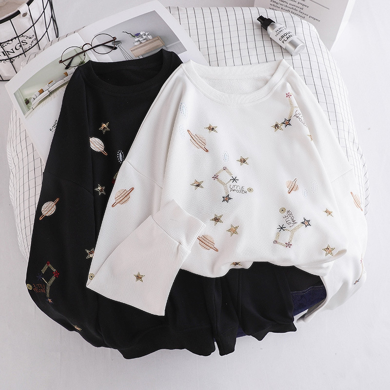 Milinsus Kpop Winter Women Thinness Sweatshirts Fashion Cartoon Embroidery Long Sleeve Pullover Female Round Neck Tracksuit tops 201102