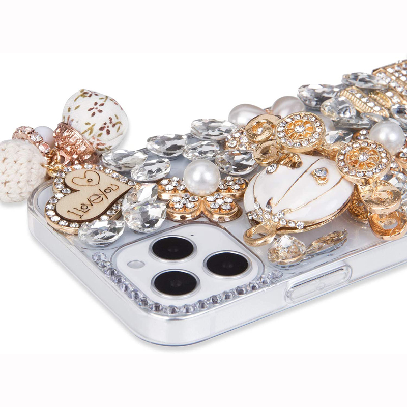 Luxury 3D Bling Glitter Diamond Cases Pumpkin Car Pendant Pearl Flowers Cover For iPhone 16 15 14 13 12 11 Pro MAX 8 Plus Samsung S22 S23 FE S24 Ultra