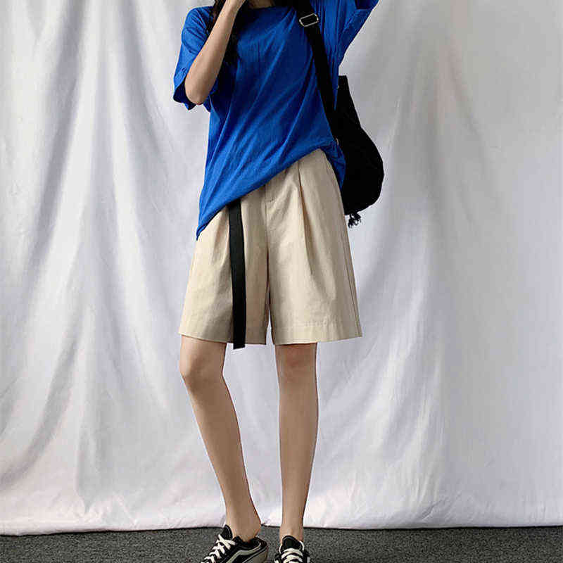 Seoulish Summer Women Casual Cargo Half Pants with Belted High Waist Chic Wide Leg Pant Elegant Loose Trousers Pocket 211115