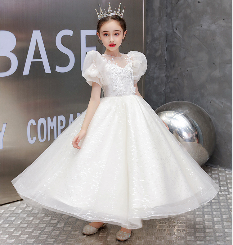 Vintage Flower Girls Dresses Sheer Neck Long Sleeve Hand Made Flowers Kids Formal Wear Hi Lo Satin Girl Dress For Wedding 403