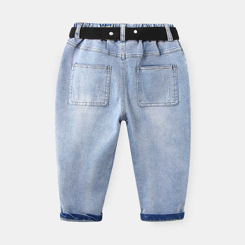 Baby Letter Jeans Spring Children's Clothing Kids Big Pocket Demi Pants With Belt Teens Casual Loose Trousers For Boys 210529