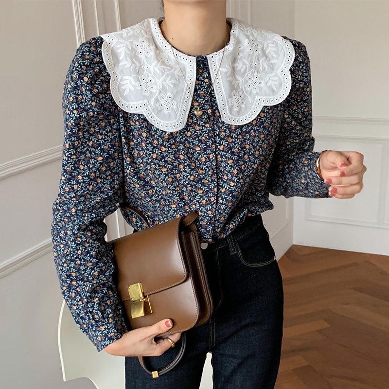 Nomikuma Korean Hollow-out Embroidery Peter Pan Collar Blouse Puff Long Sleeve Floral Shirt Autumn Causal Blusas Top 6D497 210225