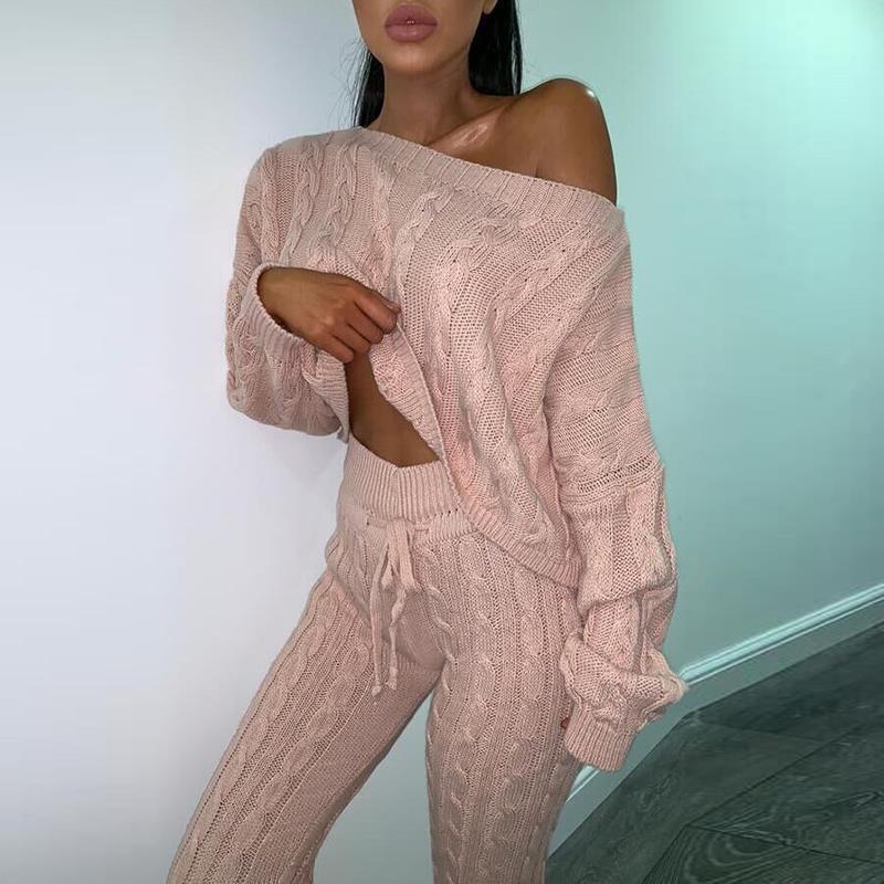 Solid Long Sleeve Set Autumn Winter Two Piece Pants Sweater Outfits Sexy Off Shoulder Loose Top Pencil Suit