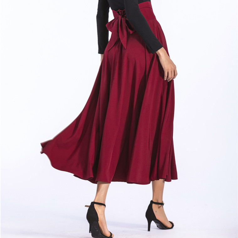 Colorfaith Women Slit Long Maxi Skirt Vintage Ladies Fashion Pleated Flared Pockets Lace Up Bow Plus Size 4XL Skirt SK8831 210306