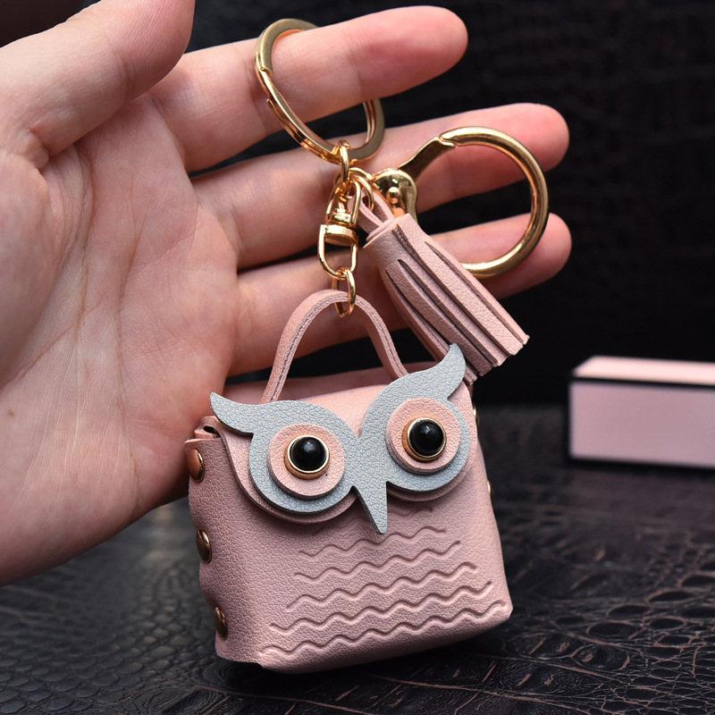 Cute Mini Ladies Leather Bag Keychain Owl Coin Purse Earphone Bag Car Key Charm Luggage Pendant Gift for Girlfriend Keyfob