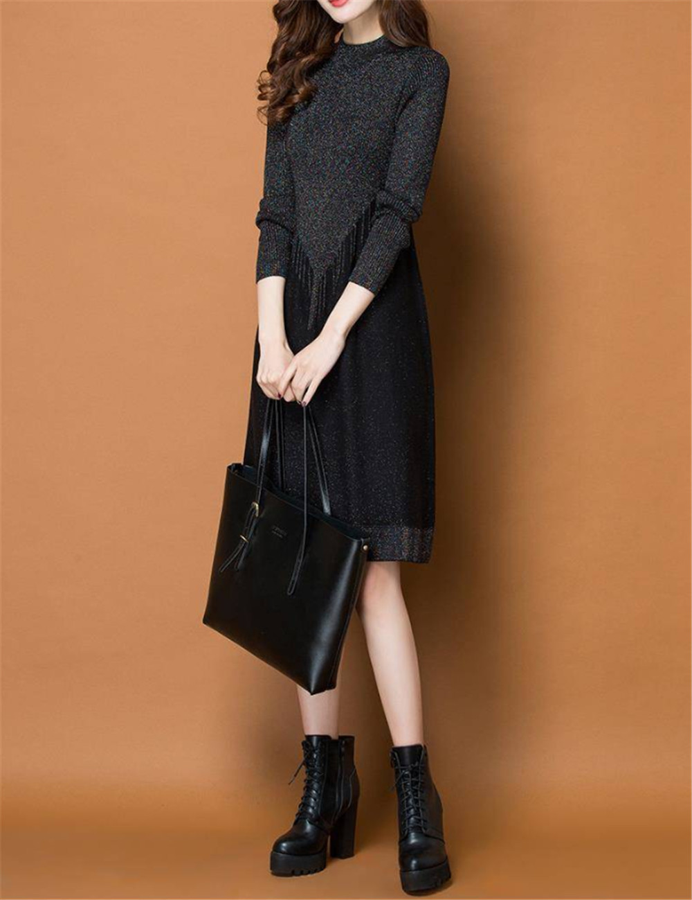 Women Dress Spring Autumn Winter Long Sleeve Black Knitted Dress Simple Elegant Party Midi Dress Plus Size vestidos de festa 35 201008